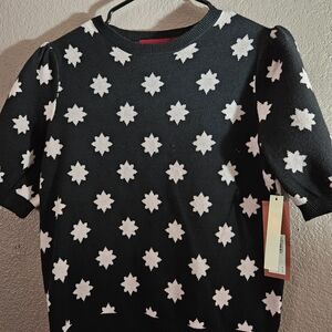 Black Knit Top with Light Pink Starburst Pattern